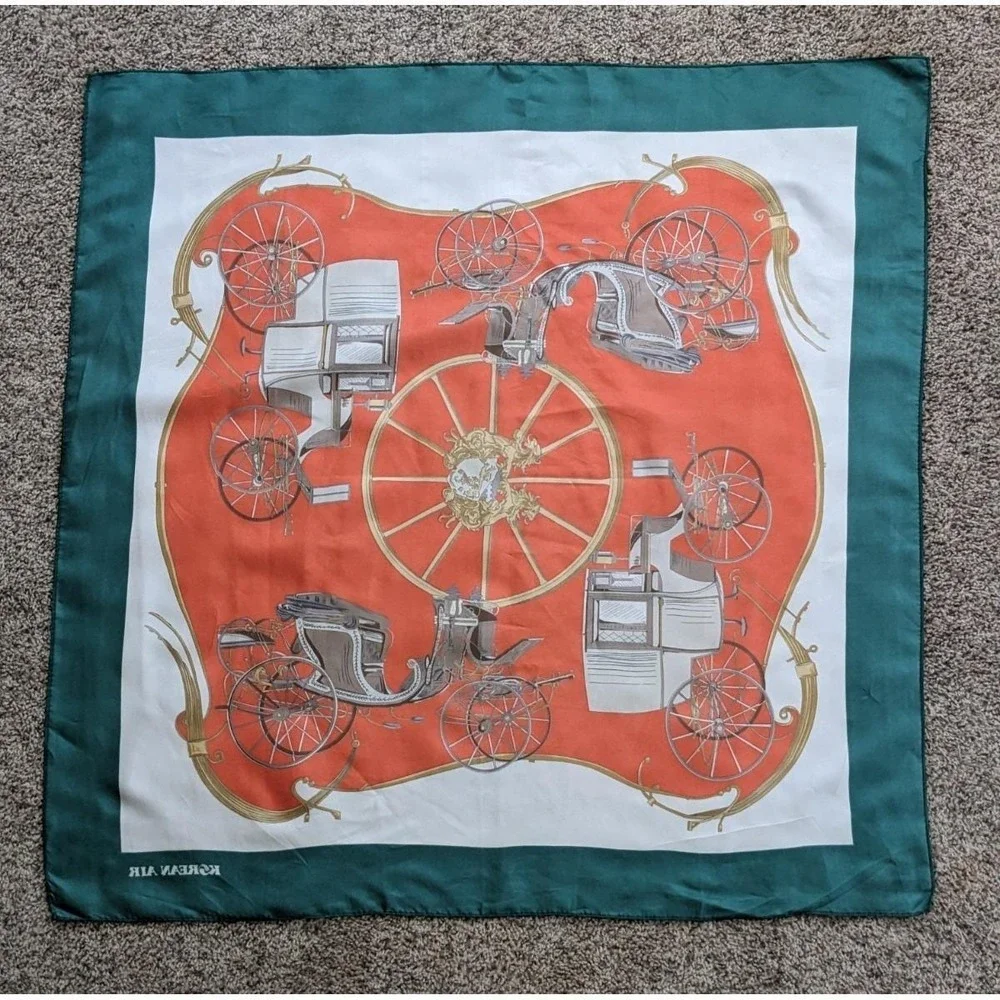 Korean Air Vintage 1980s‎ Equestrian Carriage Print Square Scarf Red Green 34